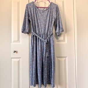 Blue Floral Midi Dress with Tie Waist